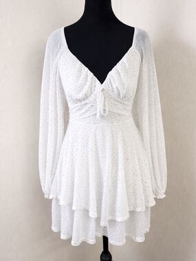 Midnight Doll Babydoll Mini Dress S Sheer Silver Dot Fairy Y2K Tie Back